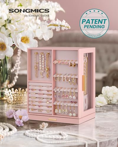 SONGMICS GISELLA Collection - Jewelry Box Organizer 360° Rotating, Vertical Jewelry Storage Case with 5 Drawers, Glass Window, Spacious, Open Design, Great Gift, Pink UJBC170R01 - color: Jelly Pink, size: 5 Drawers (6.3"d X 8.7"w X 11.2"h)