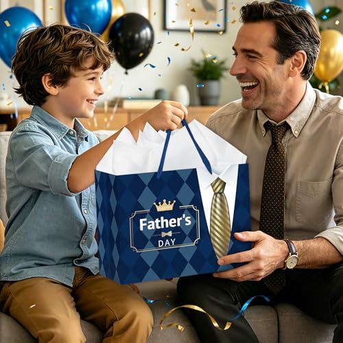 Hooqict Large Fathers Day Gift Bag Father Gift Wrap Bag with Handles, Tissue Paper, Greeting Cards for Best Daddy Husband Grandfather Happy Father's Day Celebrations Party Supplies - color: Fathers Day