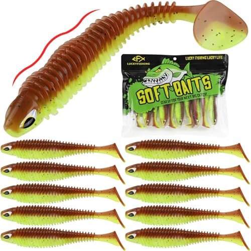 LUCKYFISHING Paddle Tail Swimbaits 10/16/20 PCS Fishing Lures Soft Plastic Lures for Trout Crappie Walleye Soft Baits for Bass Fishing Freshwater Saltwater 4.1/3.5/3/2.5 Inch - color: Green Pumpkin Chartreuse, size: 4.1 inch-10pcs