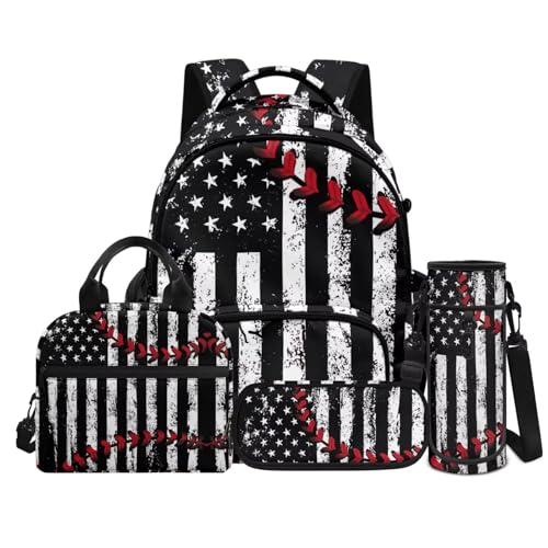 Backpack for Kids Boys 4 PCS School Bookbag with Lunch Box Pencil Pouch and Water Bottle Sleeve Pouch Set Lightweight Preschool Custom Baseball Print - color: Custom Baseball Print