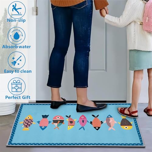 Welcome Entrance Doormat Inside Outside Small Fish Door Mat Ocean Fish Beach Doormat Indoor Outdoor Non-Slip Mat for Patio Aesthetic Welcome Rug Front Back Door Blue Washable Entryway Mat - color: Fish