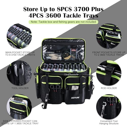 Goture Large Tackle Bag,1680D Water Resistant Saltwater Gear Storage Big Fishing Bag with EVA Bottom,Store Up to 8PCS 3700 Plus 4PCS 3600 Tackle Trays(Not Included),Gifts for Men,20.87”x11.42”x15.16”