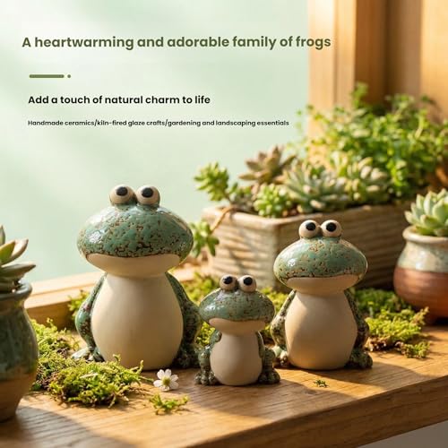 Frog Garden Decor Set of 3,Funny Cute Ceramic Frog Garden Statues Yard Decoration Outdoor Holiday Decorations,Ideal Ornament for Outside Pond Pool Patio Front Porch Backyard (Green) - color: Green