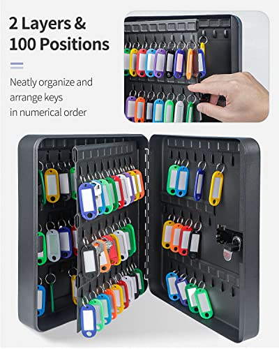 Uniclife 100 Position Key Cabinet with Combination Lock Resettable Black Digital Security Storage Box Steel Key Organizer with Colorful Key Tag Labels Stickers and Hooks - color: Black, size: 100 Keys