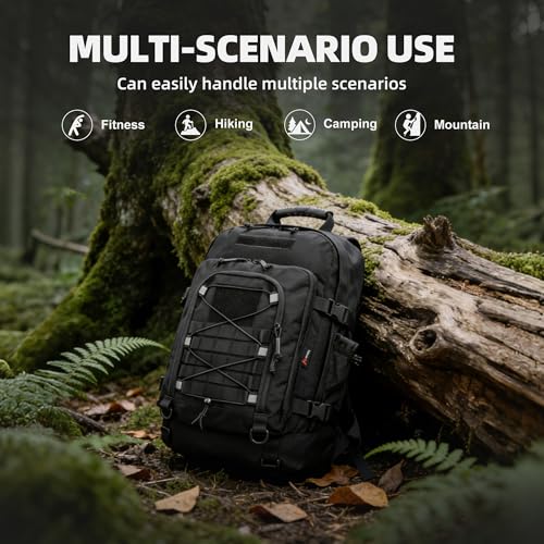 gracedon Men’s Military Style Backpack, 3-5 Day 1000D Water Resistant Tactical Pack with Zinc Alloy Zippers, Hidden Pocket & D-Ring Accessories for Outdoor Sports (Black1)