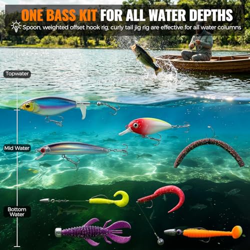 PLUSINNO Bass Fishing Lures - Pro Tackle Box Kit for All Water, 307 pcs | Largemouth Smallmouth Bass Fishing Kit, Freshwater, Lake, 6 Pre-rigged Rigs for Ready to Use, Beginners Fishing Tackle - color: green