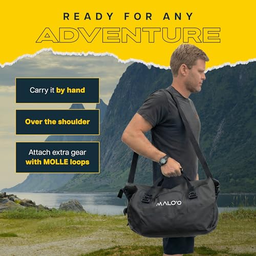 Malo’o Waterproof Dry Duffel, Heavy-Duty Roll Top Waterproof Gear Bag with Shoulder Strap & Molle Loops, Marine Duffel for Kayaking, Boating, Camping, Beach & Travel, Black, 40L