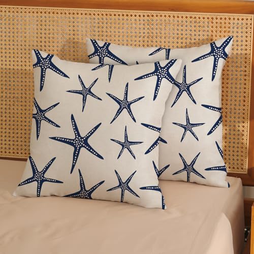Navy Blue Starfish Pillow Covers 18x18 Inch Set of 2 Coastal Throw Pillows Spring Summer Nautical Ocean Theme Beach Decorative Pillow Cases Linen Outdoor Decor Cushion Case for Home Bedroom - color: Navy Blue Starfish 3, size: 18" x 18" (Pack of 2)