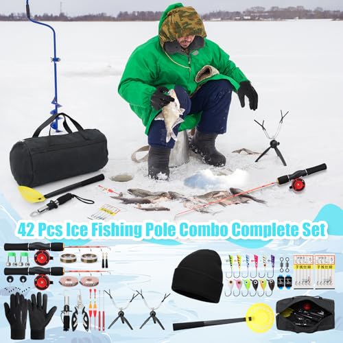 42 Pcs Ice Fishing Rod and Reel Combos Ice Fishing Rod and Holder with Carrier Bag, Pliers, Lip Grip, Reel, Lures, and Accessories Kit for Men Beginner Winter