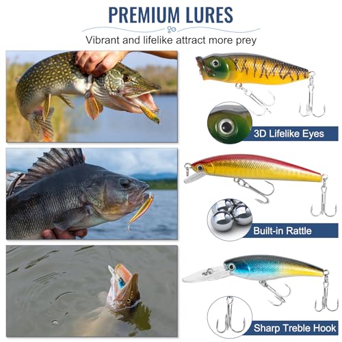 Fishing Lures, 92Pcs Tackle Box with Tackle Included, Crankbaits, Spoon, Hooks, Weights & Other Accessories, Fishing Bait Lure Gear Kit Gift for Men Bass Freshwater
