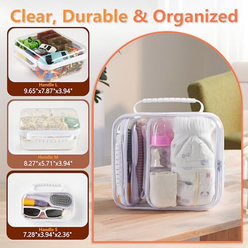 3PCS Travel Essentials for Toiletries with Handles, 1.2MM Thick Clear Hard Shell Zipper Case, Durable Makeup Bag for Cosmetics, Puzzles and Snacks, Clear Travel Bag for Diaper Bag Organizer - color: White, size: Handle LMS