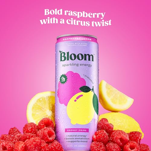 Bloom Nutrition Sparkling Energy Drink for Focus, Natural Caffeine, Zero Sugar, 180mg Caffeine, Antioxidant-Rich with Green Coffee Bean, Green Tea Extract, & Prebiotics, Raspberry Lemon 12oz 24 Pack - size: 12 Fl Oz (Pack of 24)