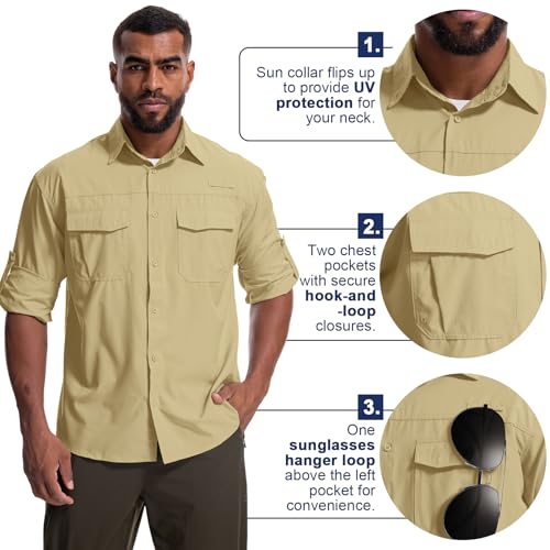 Mens Safari Sun Shirts UPF 50+ UV Sun Protection Long Sleeve Outdoor Quick Dry Fishing Hiking Gardening Shirts - color: 5051 Mud, size: Medium