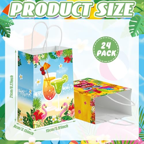 Kosiz 24 Pcs Hawaiian Party Favor Bags Summer Beach Luau Gift Goodie Paper Bags with Handle Aloha Tropical Treat Handbags Tiki Candy Pouch for Hawaii Luau Birthday Party Decoration Supplies - style: Summer