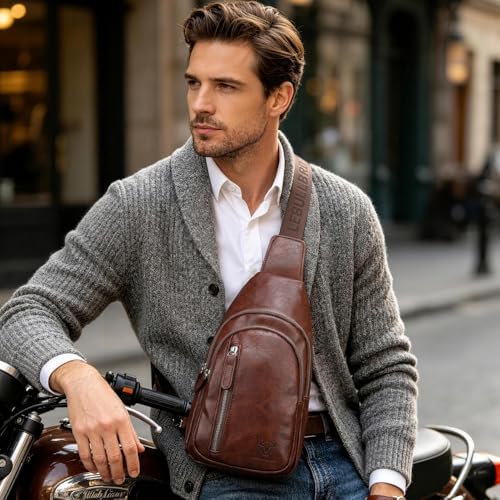 Crossbody Bags for Men Leather Sling Bags Mens Chest Bag Backpack Travel Hiking Fishing Outdoor Sports - color: Dark Brown
