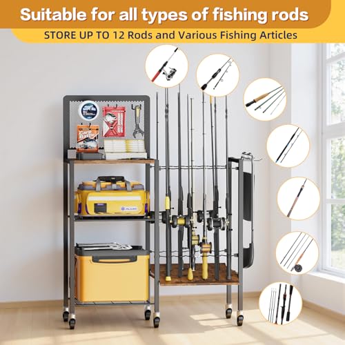 Olakee Fishing Rod Holders, Rolling Fishing Rod Rack for Garage & Boat, Tackle Box & Reel Holder Cart, Easy Assembly Fishing Gear Management System, Ideal Birthday Gift for Men Dad Anglers - color: 12 Rods,Brown