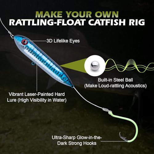 Goture Catfish Rig Making Kit,274pcs/300pcs Catfishing Tackle with Luminous Fishing Hook Swivel Sinker Weights Rattle Float Bobber Stoppers,Catfish Rigs Accessories with 3600 Tackle Box,Gifts for Men - color: B2:300pcs-2pcs Pre-rigged Catfish Rigs&Tackle