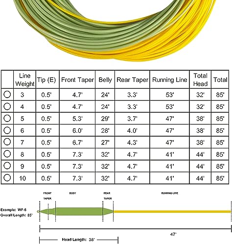 Riverruns Fly Fishing Floating Line with Welded Loop Weight Forward Fly Lines 85FT WF3 4 5 6 7 8F - color: Single Green+Yellow, size: WF7F