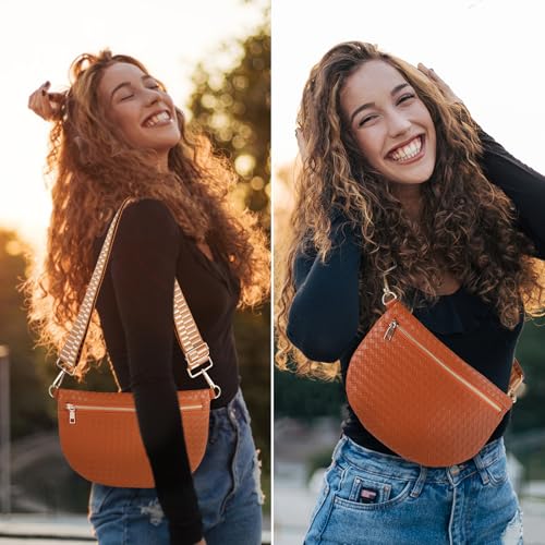Woven Crossbody Bags for Women Leather Belt Bum Sling Purse Fanny Waist Pack Chest Shoulder Bag for Women-Brown - color: Brown