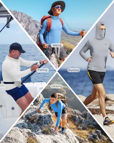 Roadbox Men's UPF 50+ Hooded Fishing Shirts Long Sleeve Sun Protection Hoodie, Hiking Running Swimming Rash Guard with Mask - color: Luxury Gray, size: Small