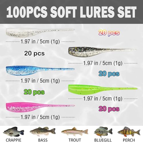 100pcs Crappie Lures Kit, Crappie Jig Heads and Crappie Baits Soft Plastic Fishing Lures for Crappie - color: 100Pcs Crappie lures