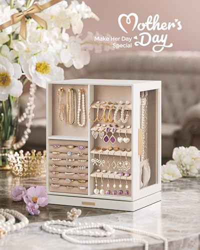 SONGMICS GISELLA Collection - Jewelry Box Organizer 360° Rotating, Vertical Jewelry Storage Case with 5 Drawers, Glass Window, Spacious, Open Design, Great Gift, Cloud White UJBC170W01 - color: Cloud White, size: 5 Drawers (6.3"d X 8.7"w X 11.2"h)