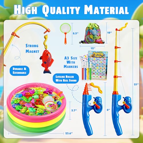CozyBomB™ Magnetic Fishing Toys Game Set for Kids | Water Table Bathtub Kiddie Pool Party Pole Rod Net, Outdoor Plastic Floating Fish, Toddler Bath Color Ocean Sea Animals Birthday Gift Age 3-5 6 4-8 - size: 46 Fishes, style: 3 Players