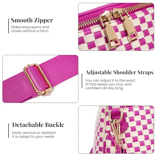 Woven Vegan leather Crossbody Bags For Women, Checkered Fashion PU Bum Bag Waist Pack, Travel Sling Purse with Adjustable Strap（Rose) - color: White and Rose