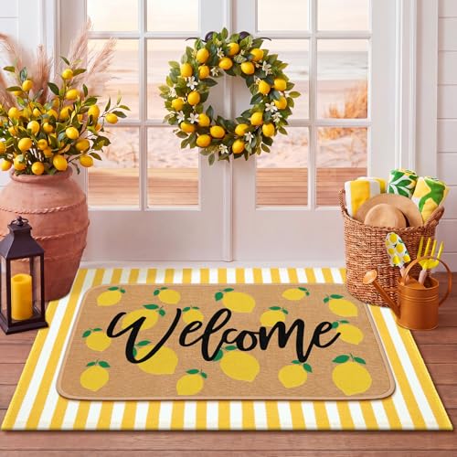 Tinideya 2 Pcs Summer Lemon Welcome Doormats Summer Lemon Outdoor Linen Rubber Door Mats Layered Yellow and White Striped Area Rugs Non Slip Italian House Decor for Indoor Entrance Porch Entryway - size: 16 x 28 Inch,24 x 35 Inch, style: Lemon Welcome