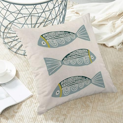 AEIOAE Coastal Pillow Covers 16 x 16 Inch Set of 2, Ocean Beach Blue Fish Print Decorative Throw Pillow Covers Linen Farmhouse Summer Natical Outdoor Pillowcase for Couch Home Sofa Decor - color: Blue Fish, size: 16" x 16" (Pack of 1)
