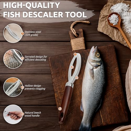 DUGATO Fish Scale Remover, Stainless Steel Scaler with Wood Handle | Serrated Descaler Scraper for Quick Fish Cleaning, Rustproof Blade, Seafood Prep for Kitchen & Outdoor