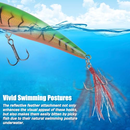 100pcs Fishing Treble Hook Kit, Round Bend Treble Hooks with Split Rings for Making Fishing Lure Spinner Spoon Crankbait - color: Multicolor Feather-100pcs