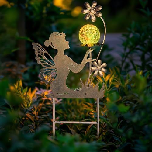 HONGLAND Solar Lights Fairy Garden Decor for Outside,Fairy Figurine Decorative Stake Housewarming Gifts for Patio Lawn Yard Pathway Outdoor Decor-Unique Valentines Day Gifts for Women Mom Grandma - color: Gold Fairy