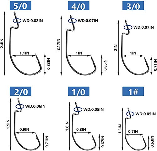 Bass Fishing Hooks 3X Strong Offset EWG Worm Hooks Jigs for Soft Plastic Bait Bass Trout Texas Rig 1-5/0 - size: 150PCS-3/0