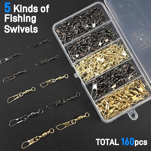 SILANON Fishing Barrel Swivel with Safety Snap,145/160pcs High Strength Fishing Snap Swivels Stainless Steel Line Connector Saltwater Fishing Tackle Accessories - style: 160pcs Kit (2,4,6,8,10#)