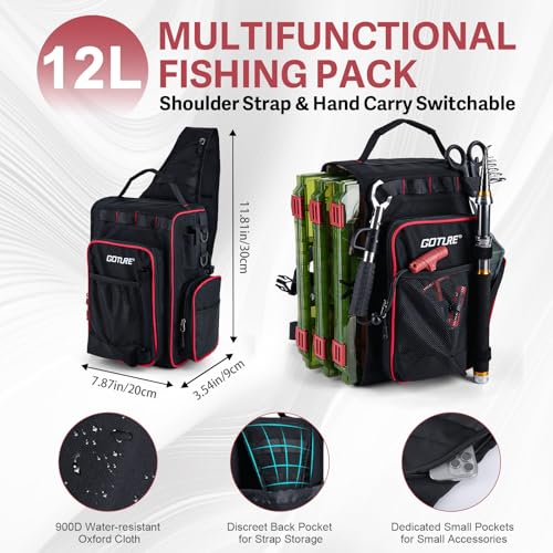 Goture Fishing Kits for Adult,Fishing Pole and Reel Combo, OpenSide Fishing Sling Tackle Storage Bag with 3 Tackle Boxes,Gift for Men - color: Black 12L bag + 3600 trays + landing net, size: 7FT/2.1M