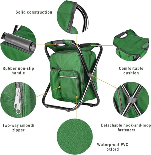 Kikerike Portable Stool Backpack Cooler Chair 300 LBS Max Load Folding Fishing Cooler Backpack Stool for Outdoors Hiking Beach Travel - Army Green - color: Army Green