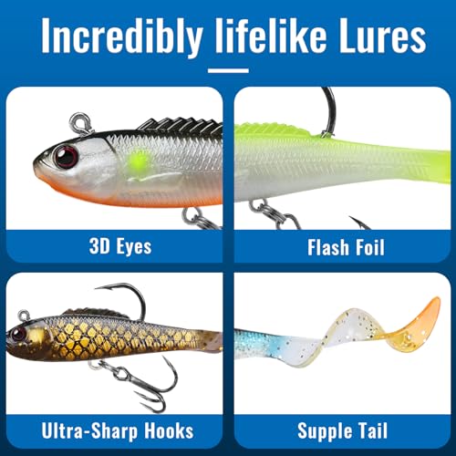 GOTOUR Pre-Rigged Soft Fishing Lures with Weedless Hook, Lifelike Paddle Tail Swimbaits for Bass Fishing, Freshwater & Saltwater Fishing Bait, Fishing Tackle for Bass, Pike, Trout, and Walleye - color: B1-2.5"-0.18oz