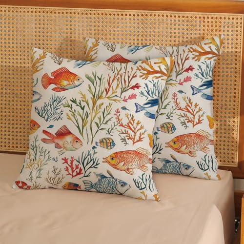 Summer Coastal Pillow Covers 18x18 Inch 2 Pcs Colorful Fish Coral Outdoor Decor Throw Pillows Nautical Beach Sea Ocean Themed Holiday Decoration Pillowcase Linen Cushion Cover for Couch Sofa - color: Colorful Fish Coral, size: 18" x 18" (Pack of 2)