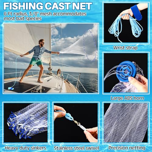 Threehoney Set of 4 Saltwater Fishing Cast Net, Foldable Fish Bucket, Folding Fishing Landing Net, and 110lb Digital Scale, 6 Gallon Live Fish Bait Bucket - color: Black, size: 6ft