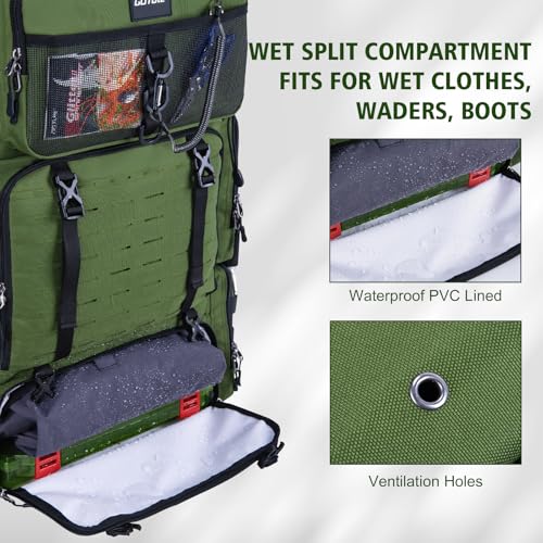 Goture Fishing Backpack with Cooler,72L Large 600D Tackle Backpack with Rod Holders,Dry & Wet Split Compartment,Adjustable Main Compartment,Rain Cover,Insulated Tactical Bag for Travel Camping Hiking - color: A1:Green(Only Bag,Without Tackle Box)