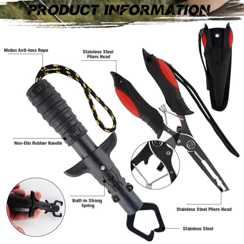 Hikary 10 Pcs Fishing Tool Kit,Folding Fishing Net Set with Storang Bag,Pliers with Lanyard and Protective Sheaths,Hook Remover,Fish Gripper,Fish Scale,Scissors for Fisherman Travel Gifts - color: Black