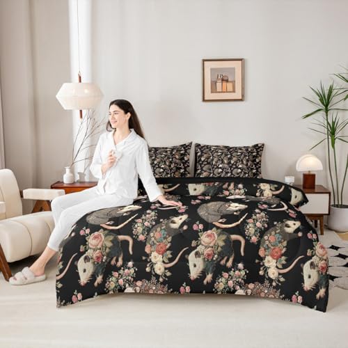 Erosebridal Opossum Comforter Set with Sheets Twin Size Rosy Animal 7-Piece Bedding Set for Kids Boys Girls Floral Garden Natural Romantic Wildlife Beige Black Pink Lightweight Bed in A Bag - color: Beige Black Pink, size: Twin