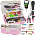 THKFISH 400PCS Fishing Lures Accessories Kit with Large 3-Layer Tackle Box Complete Freshwater Bass Fishing Gear Tools Set with Pliers, Fish Scale, Spinner bait, Hooks, Weights Sinkers, Gift for Women - color: Pink
