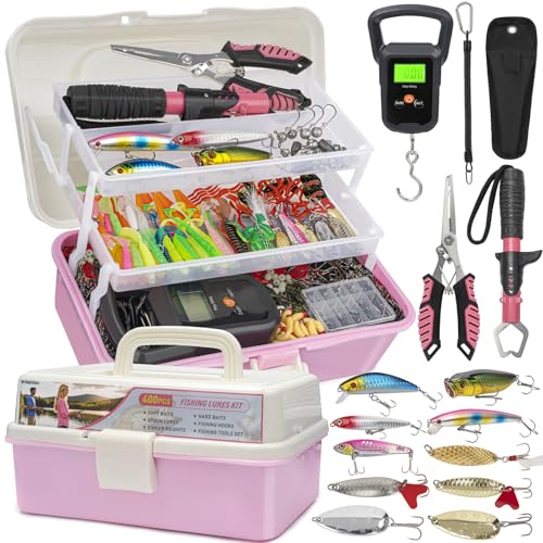 THKFISH 400PCS Fishing Lures Accessories Kit with Large 3-Layer Tackle Box Complete Freshwater Bass Fishing Gear Tools Set with Pliers, Fish Scale, Spinner bait, Hooks, Weights Sinkers, Gift for Women - color: Pink