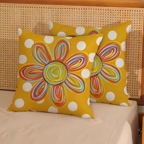 Mustard Yellow Pillow Covers 16x16 Inch 2 Pcs Colorful Floral Summer Outdoor Decor Throw Pillows Polka Dots Flower Farmhouse Holiday Decoration Pillowcase Linen Cushion Cover for Couch Sofa - color: Mustard Yellow Sun Floral, size: 16" x 16" (Pack of 2)