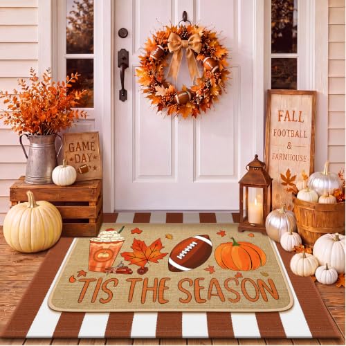 Tinideya 2 Pcs Fall Football Door Mat Outdoor Autumn Pumpkin Welcome Doormat for Front Door Nonslip Linen Rubber Layered Orange Stripe Thanksgiving Harvest Rugs Its The Season Decor for Porch Entryway - size: 16 x 28 Inch,24 x 35 Inch, style: Fall Footbal