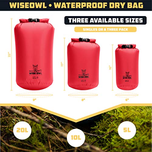 Wise Owl Outfitters Waterproof Dry Bag 3-Pack – Lightweight & Airtight 5L/10L/20L Small & Large Dry Bags for Kayaking, Beach, Travel, Boating, Hiking - color: Red
