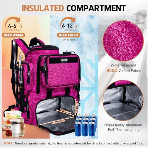 Goture Fishing Backpack, 58L 900D Water-Resistant Insulated Tackle Backpack with Cooler, Rod Holders, 8 Lure Pockets, Detachable Crossbody Bag, Gear Storage Large Fishing Bag for Camping Hiking - color: Bling Pink