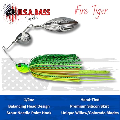 USA BASS Tackle Apache Attack Spinnerbait Type II Largemouth Smallmouth Spotted Bass Premium Fishing Bait Handtied Skirt Custom Blades Heavy Duty Hook New for 2025 - color: Fire Tiger, size: 1/2oz - Willow/Colorado